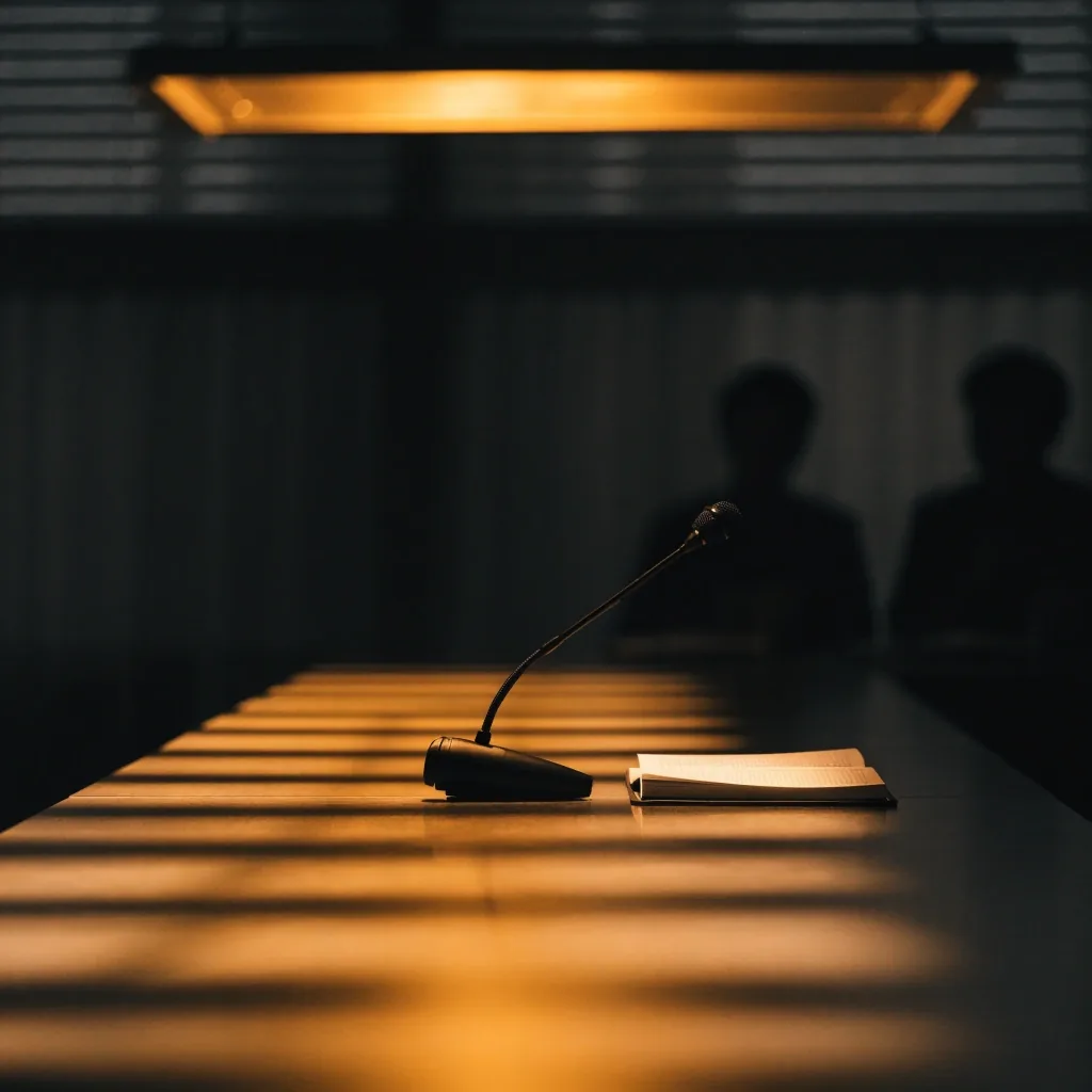 밤늦게 호박색 조명 아래 놓인 회의 테이블과 마이크, 그리고 열린 노트